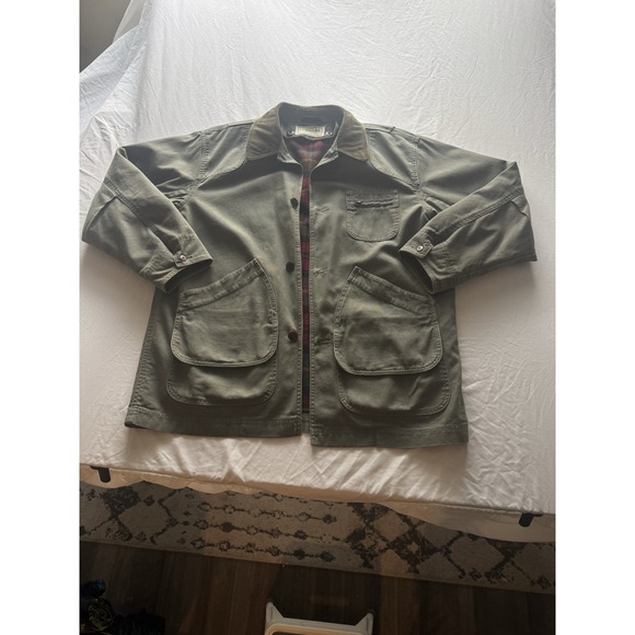 L.L. Bean Other - VTG LL Bean Barn Coat Mens Large Green Canvas Plaid Lined Chore Jacket Button